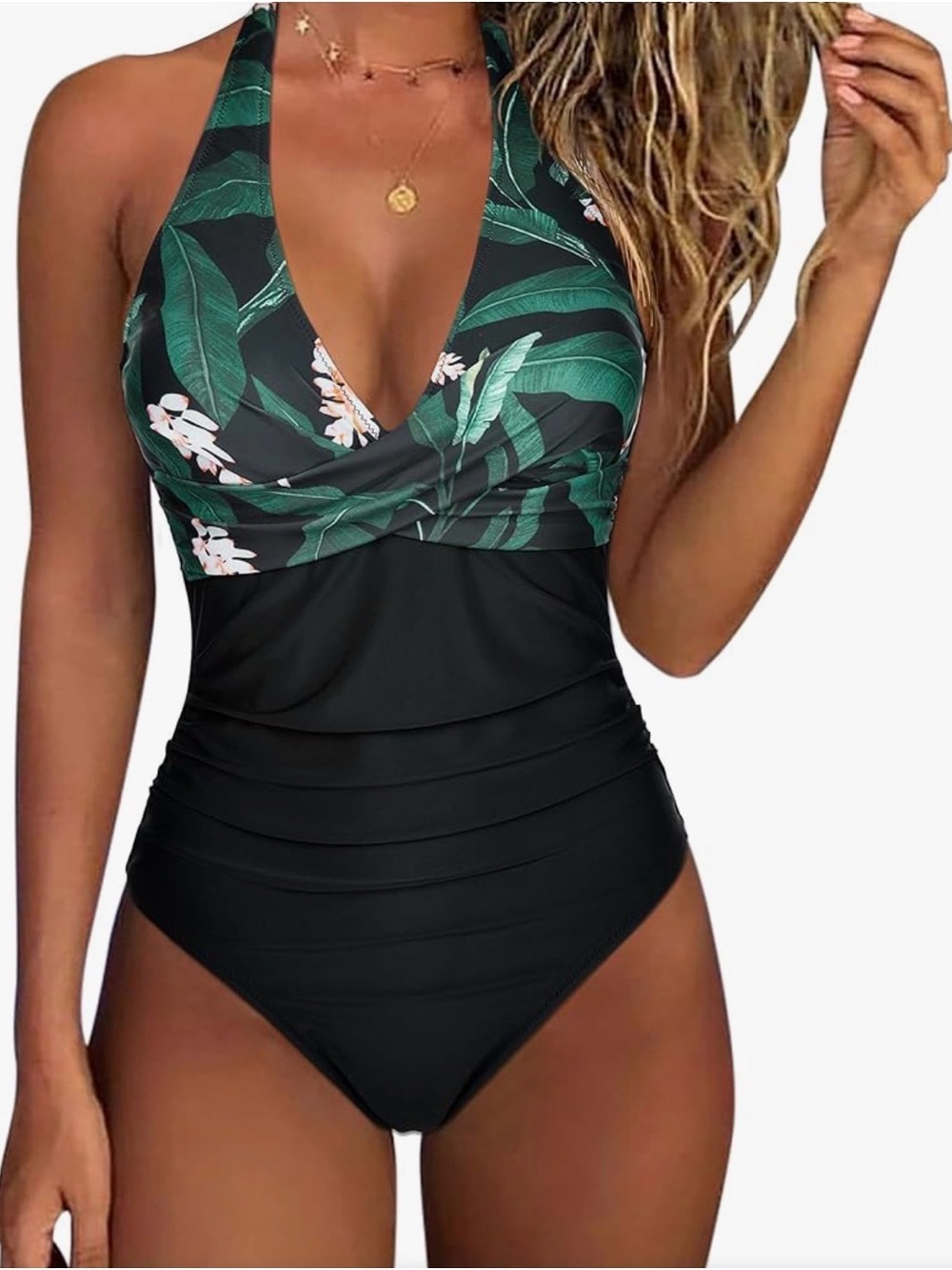 Green Tropical Halter Black One-Piece Swimsuit